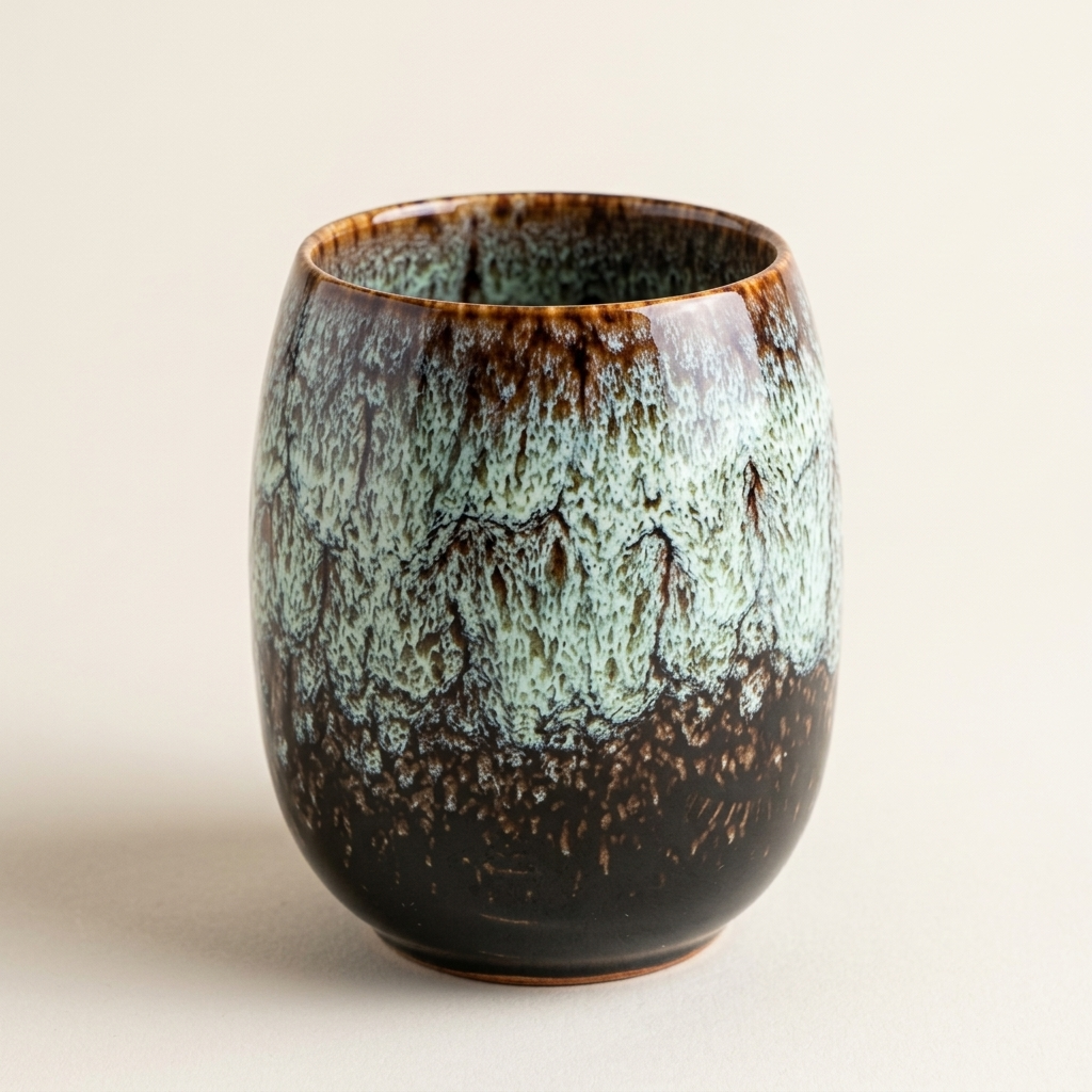 Moss green glazed tea cup from a three-quarter angle, showing the rounded egg shape and the rim