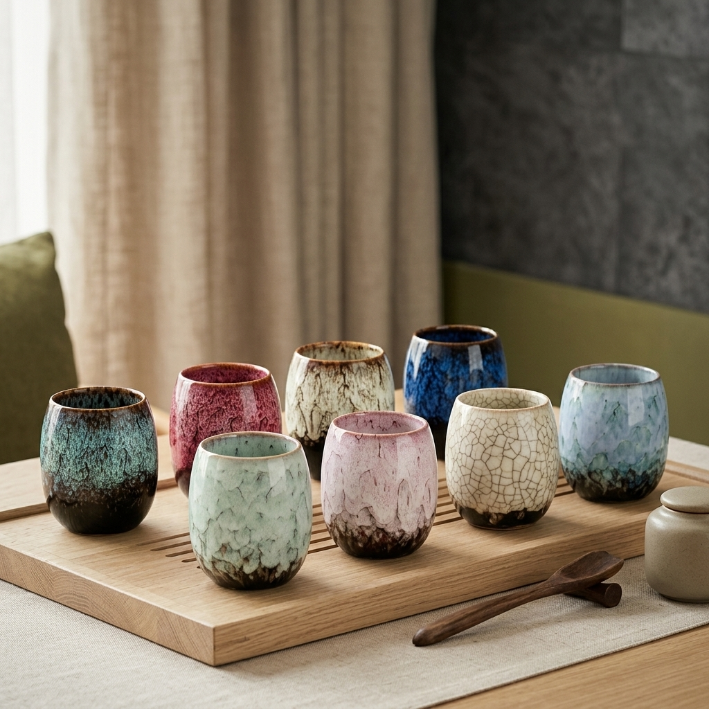 Eight glazed tea cups in different colours on a wooden tray by a window, in a calm living room