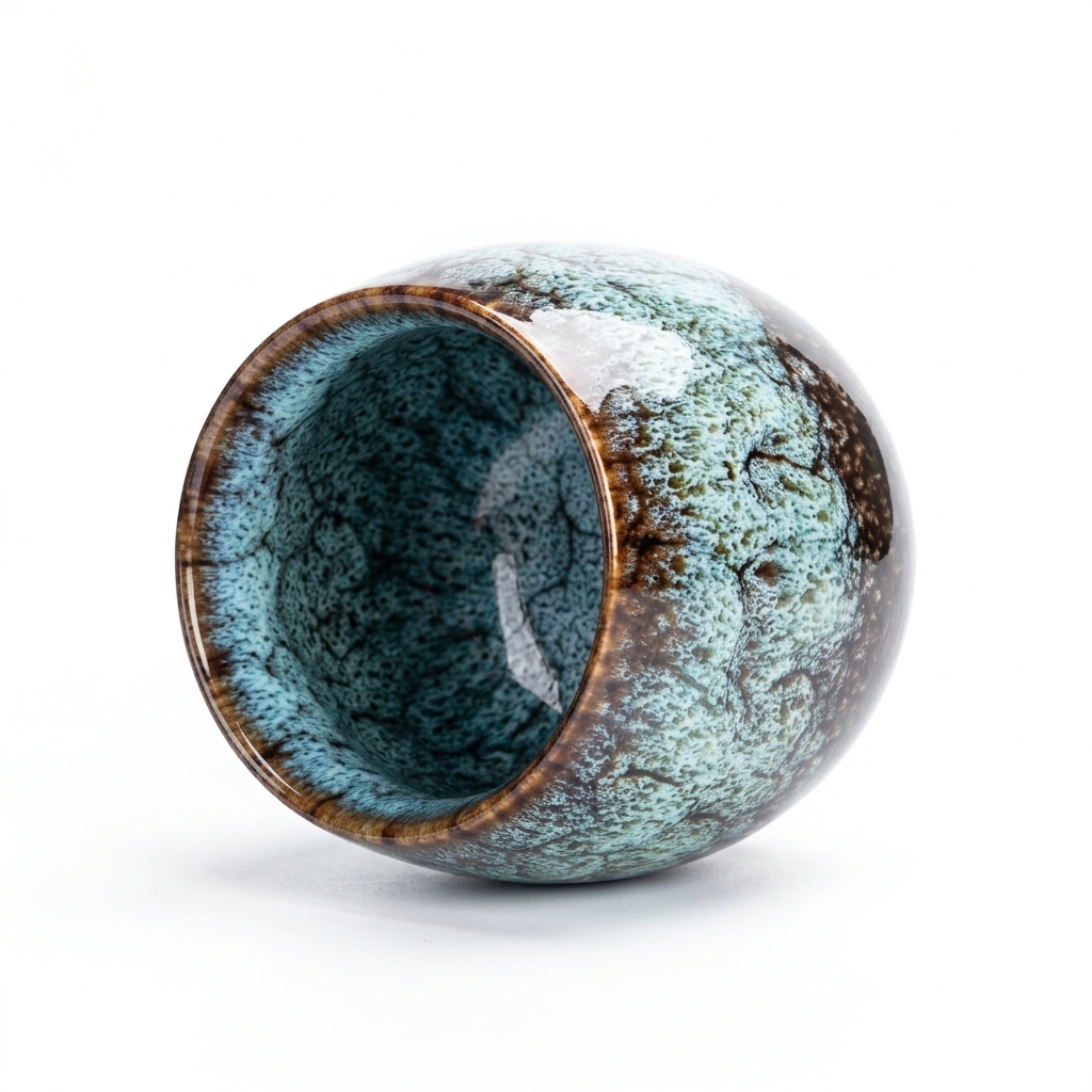 Moss green glazed tea cup lying on its side, showing the glazed interior and the rim
