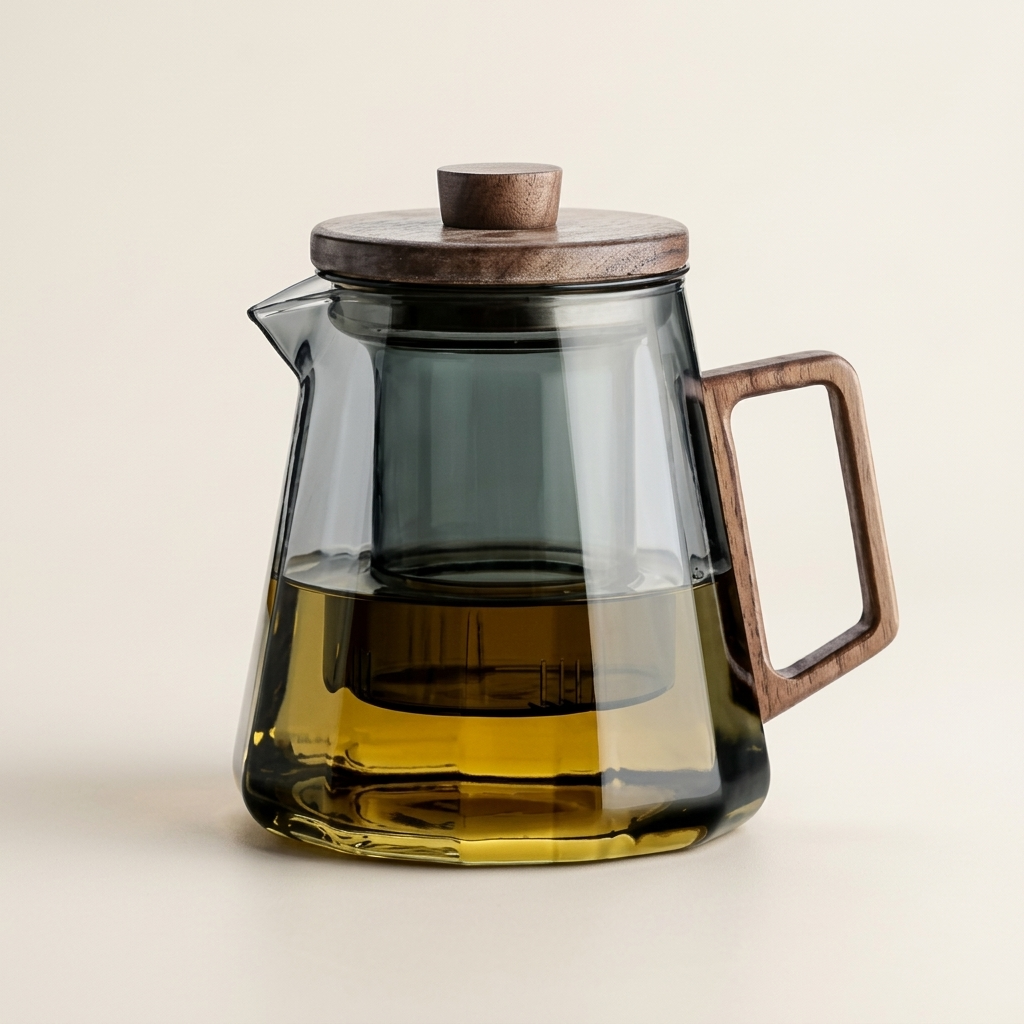 Smoke grey glass teapot with wooden handle and lid on a warm cream background