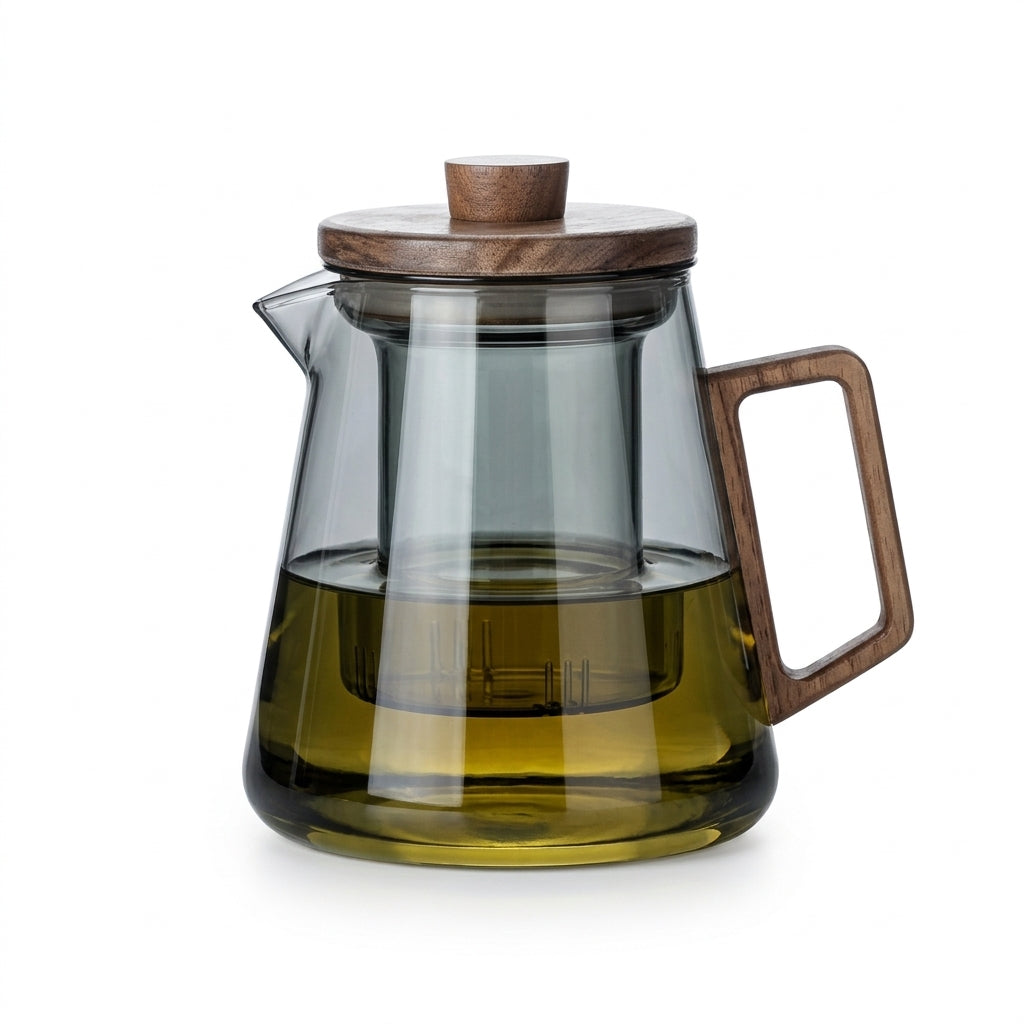 Smoke grey glass teapot with a wooden lid and square wooden handle, filled with golden tea, front view