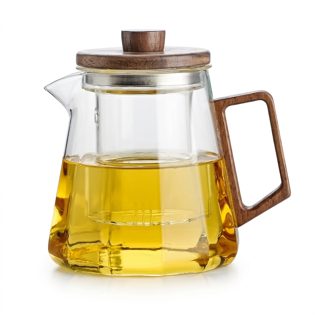 Clear glass teapot with a wooden lid and handle, filled with golden tea, the infuser visible inside