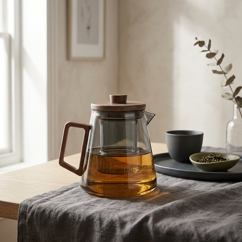 Clear glass teapot with wooden handle on a table by a window, next to a small cup