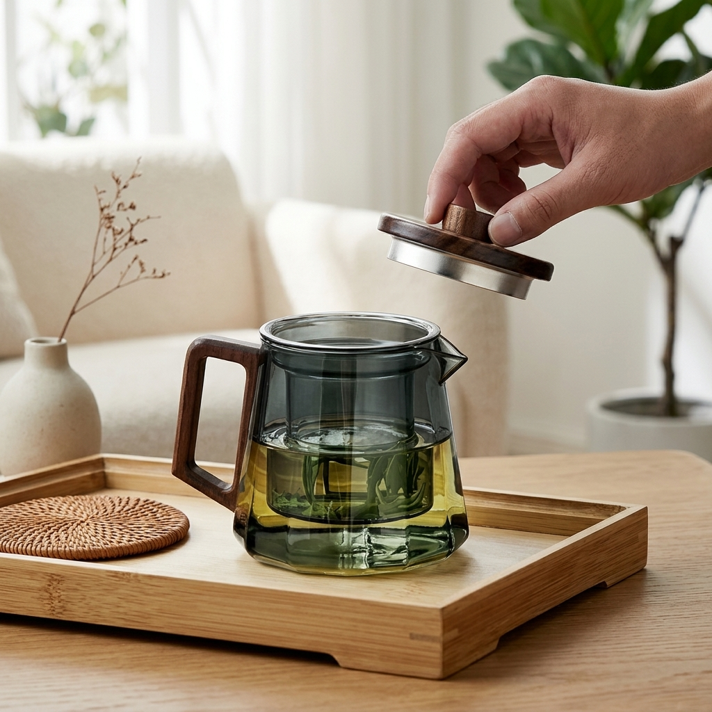 Hand lifting the wooden lid of the smoke grey glass teapot on a wooden tray