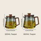Dimensions of the 500 ml and 800 ml glass teapots with wooden handle