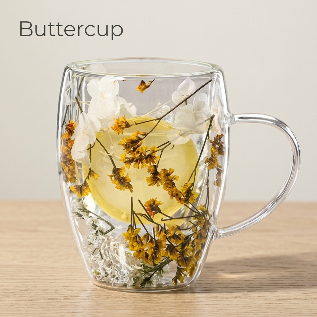 Buttercup design: glass cup with dried yellow flowers and a lemon slice, on a light oak table