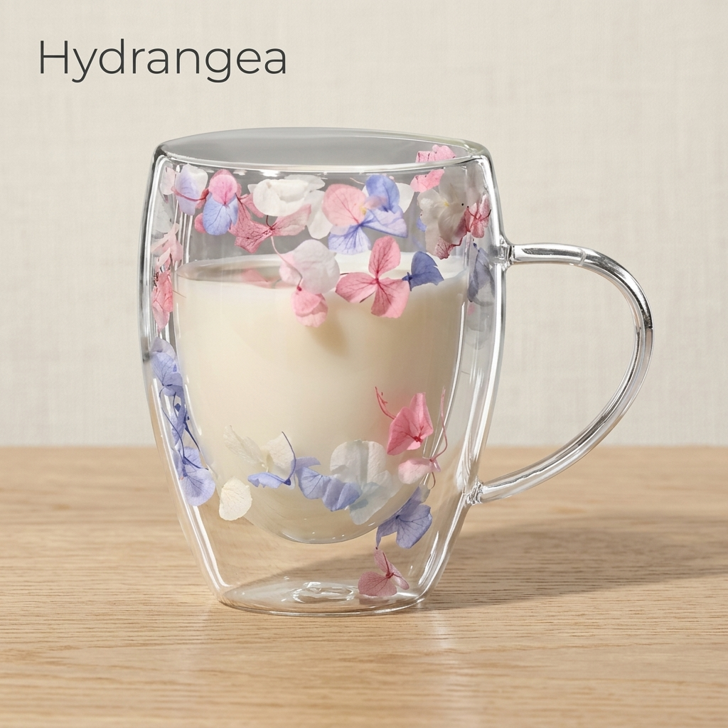 Hydrangea design: glass cup with dried blue, lilac and pink petals, filled with milk, on a light oak table