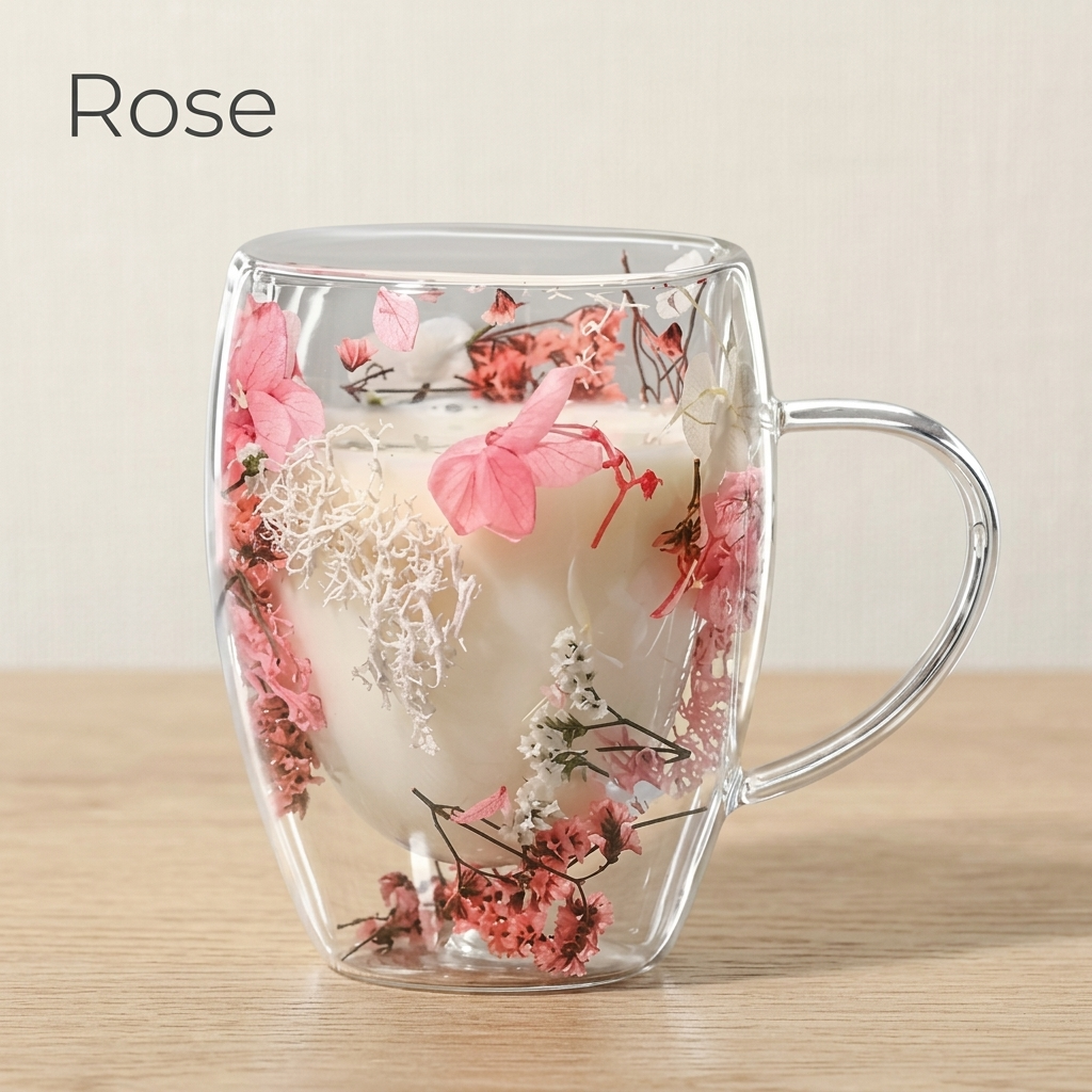 Rose design: glass cup with dried pink and coral flowers, filled with milk, on a light oak table