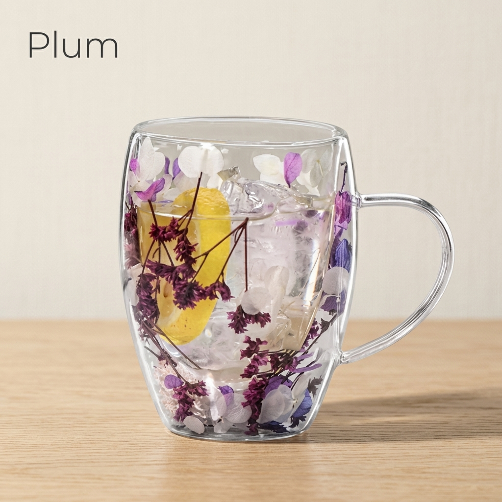 Plum design: glass cup with dried purple flowers and a yellow accent, on a light oak table