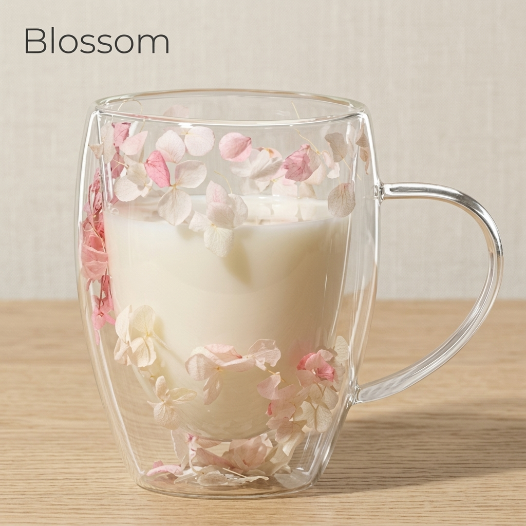 Blossom design: glass cup with pale pink and white dried petals, filled with milk, on a light oak table
