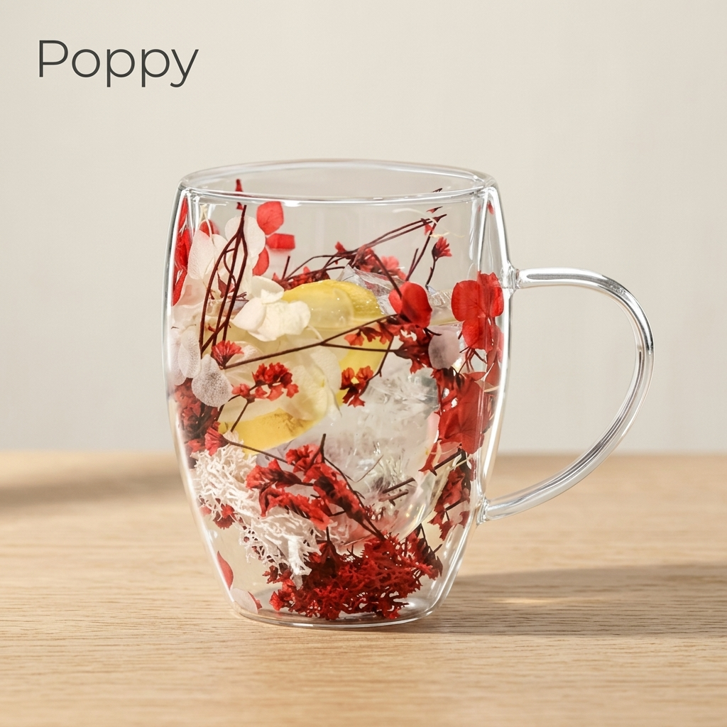 Poppy design: glass cup with dried red flowers and a lemon slice, on a light oak table