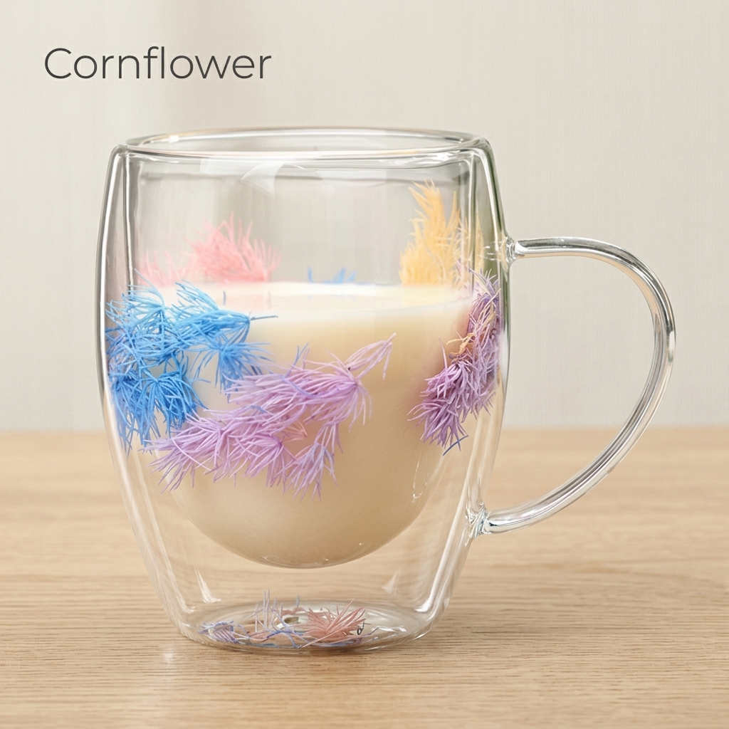 Cornflower design: glass cup with dried blue and mauve flowers, filled with milk, on a light oak table