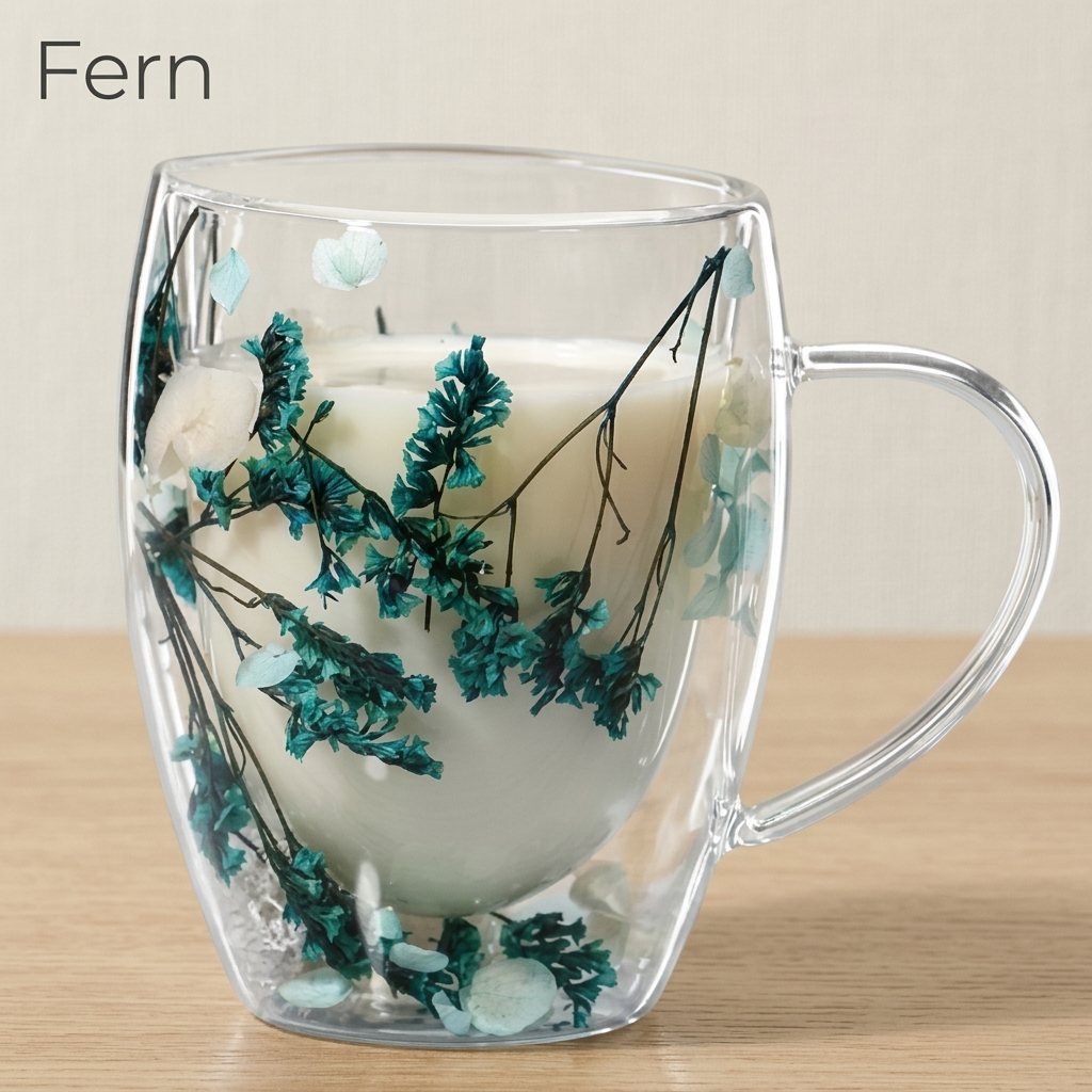 Fern design: glass cup with dried teal-green foliage and pale blue petals, filled with milk, on a light oak table