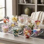 Ten double-wall glass cups with different dried flower designs on a table in a bright living room