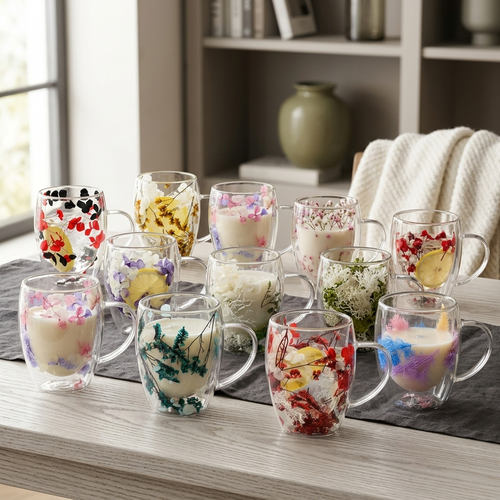 Ten double-wall glass cups with different dried flower designs on a table in a bright living room