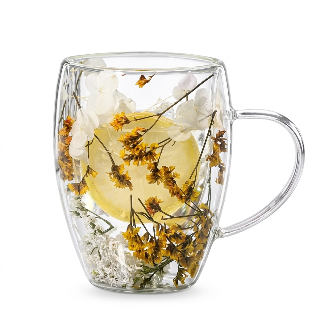 Double-wall glass cup with a handle, filled with real dried yellow and white flowers and a dried lemon slice between the walls