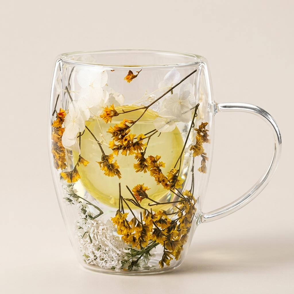 Buttercup double-wall glass cup with dried yellow flowers, on a soft grey background