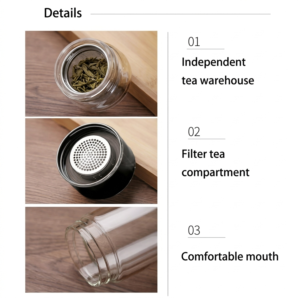 Details of the infuser bottle: the separate glass tea chamber, the stainless steel filter and the smooth drinking rim