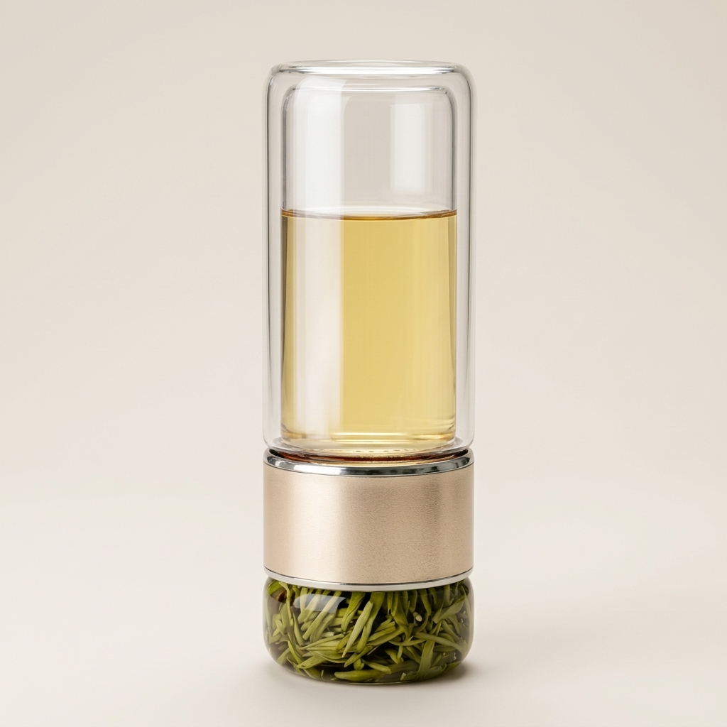 Glass tea infuser bottle in gold on a warm cream background