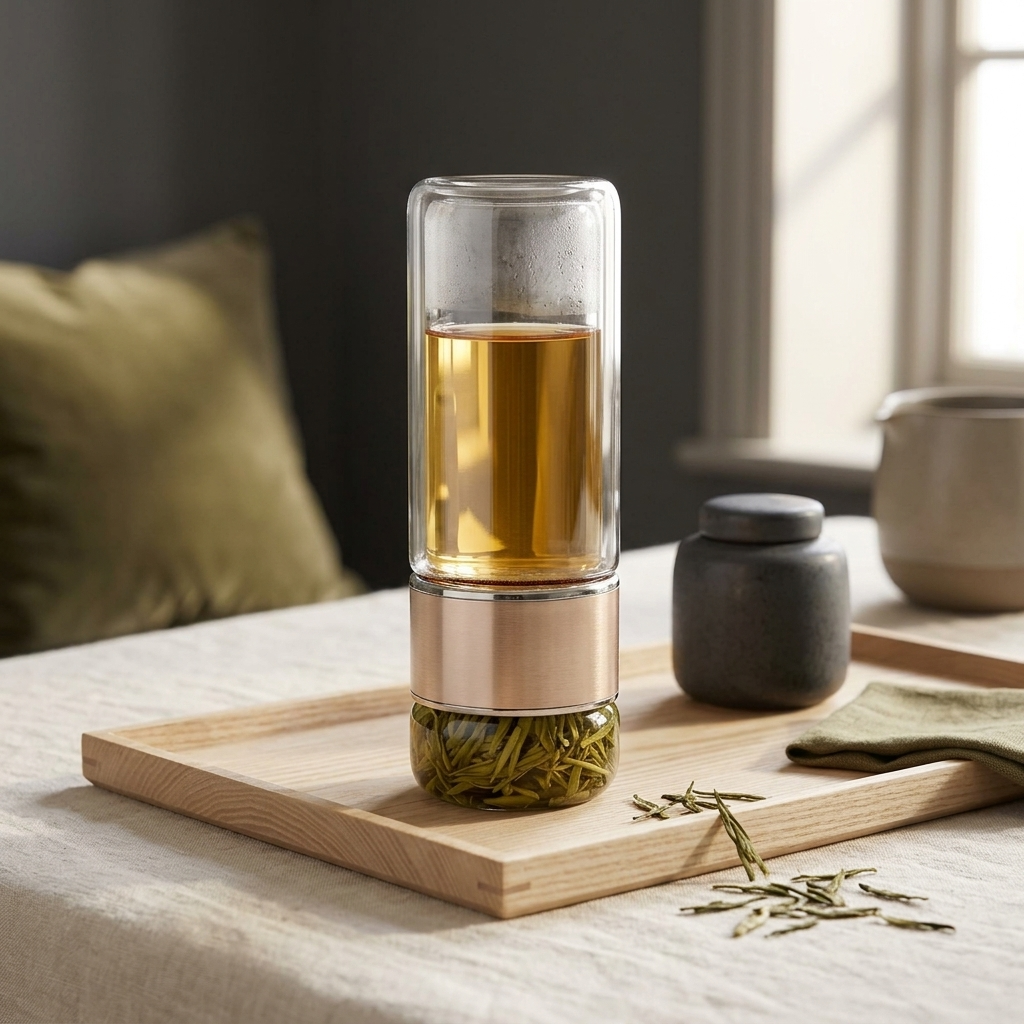 Glass tea infuser bottle on a wooden tray by a window, with loose tea leaves beside it