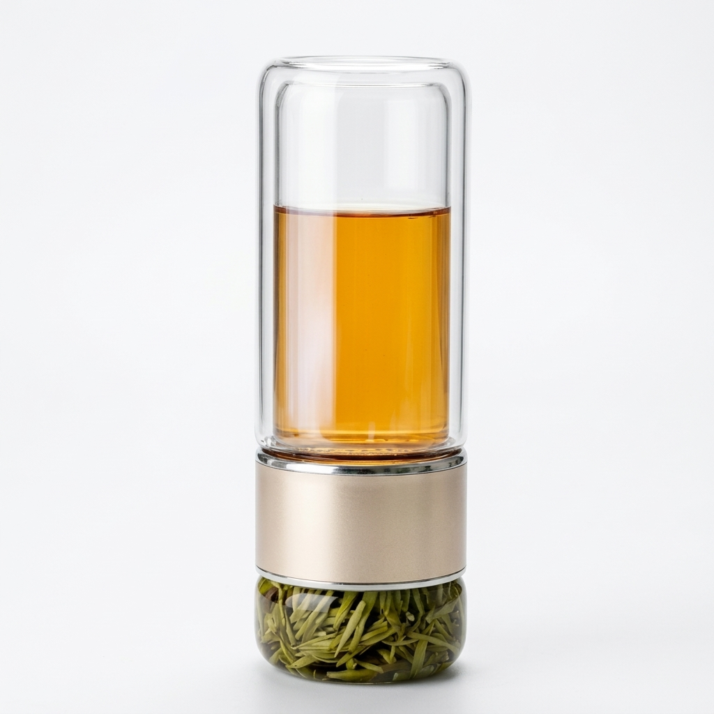 Glass tea infuser bottle with a gold band: amber tea in the upper chamber, loose green tea leaves held in the lower chamber