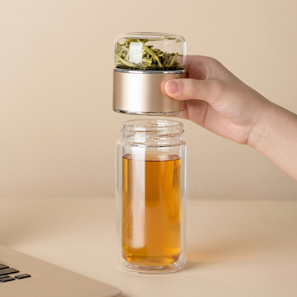Hand unscrewing the tea chamber of the glass infuser bottle, filled with loose leaves