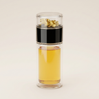 Glass tea infuser bottle in black, with tea leaves in the top chamber and tea below