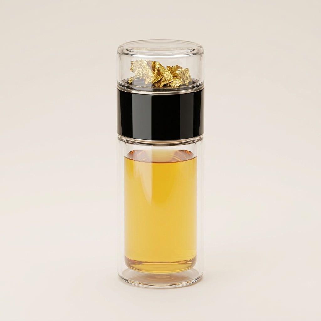Glass tea infuser bottle in black, with tea leaves in the top chamber and tea below