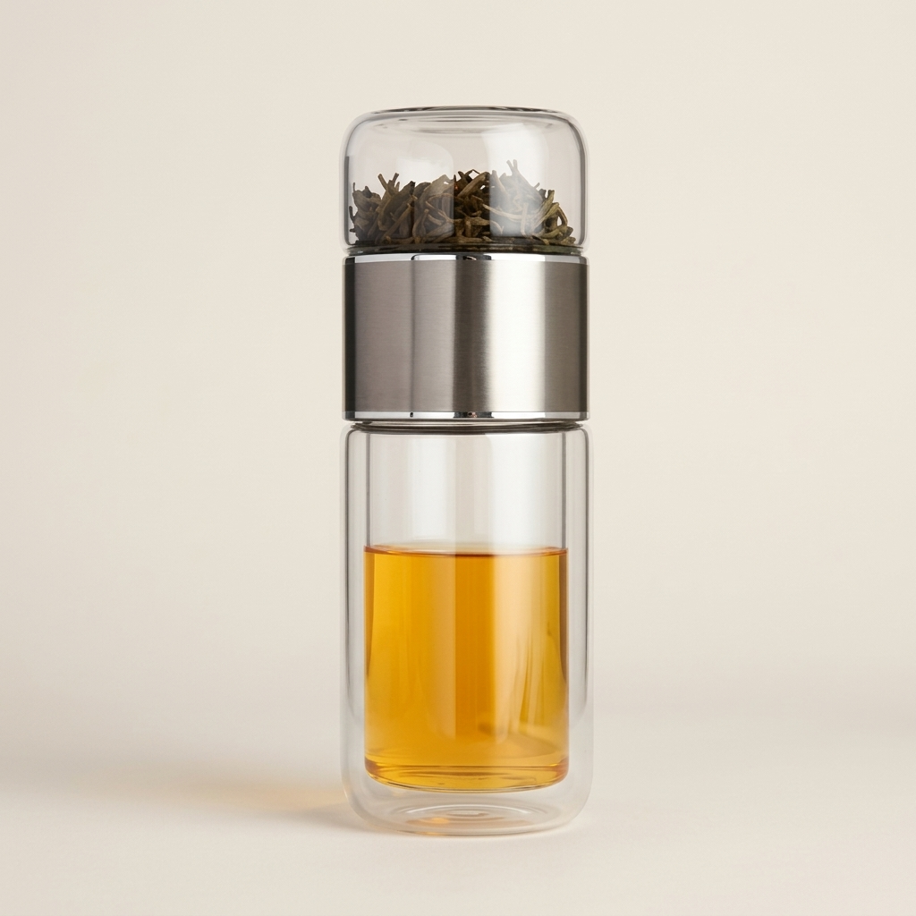 Glass tea infuser bottle in silver, with tea leaves in the top chamber and tea below