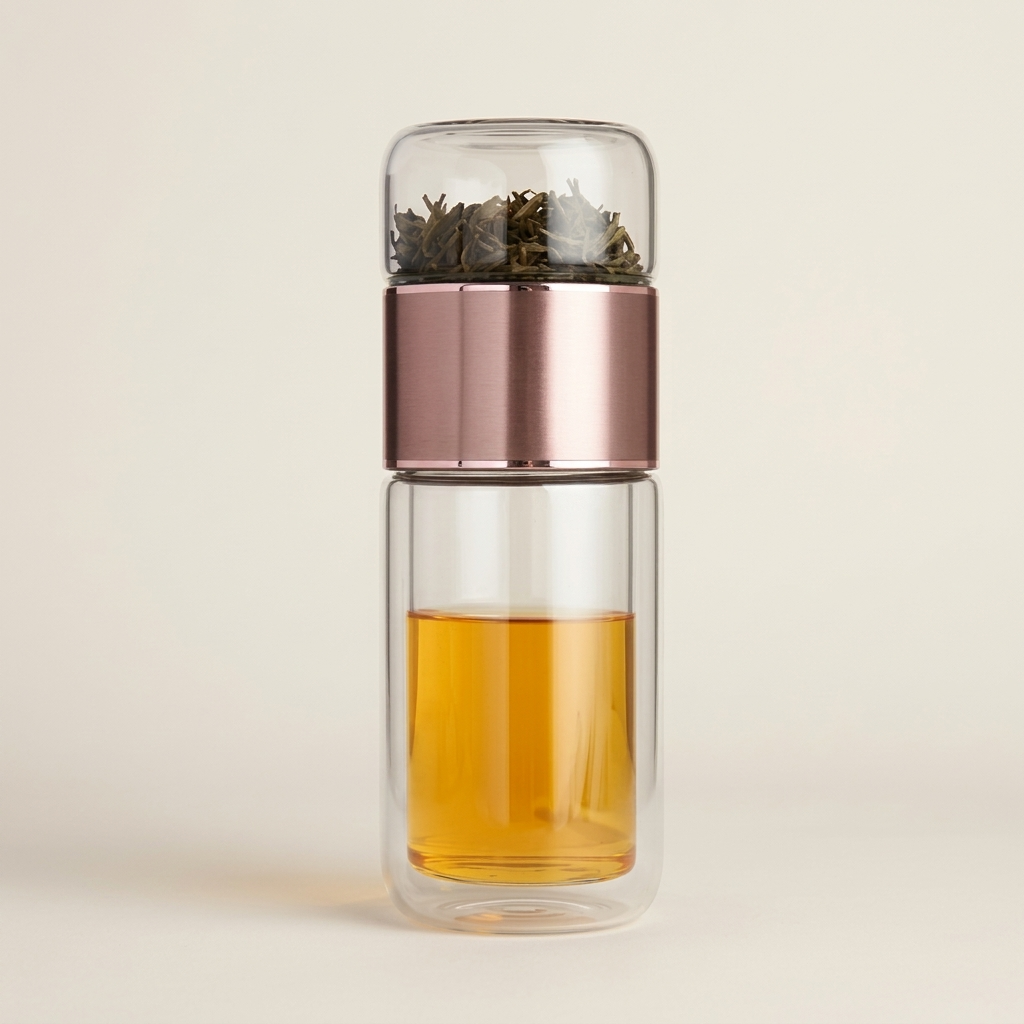 Glass tea infuser bottle in pink, with tea leaves in the top chamber and tea below