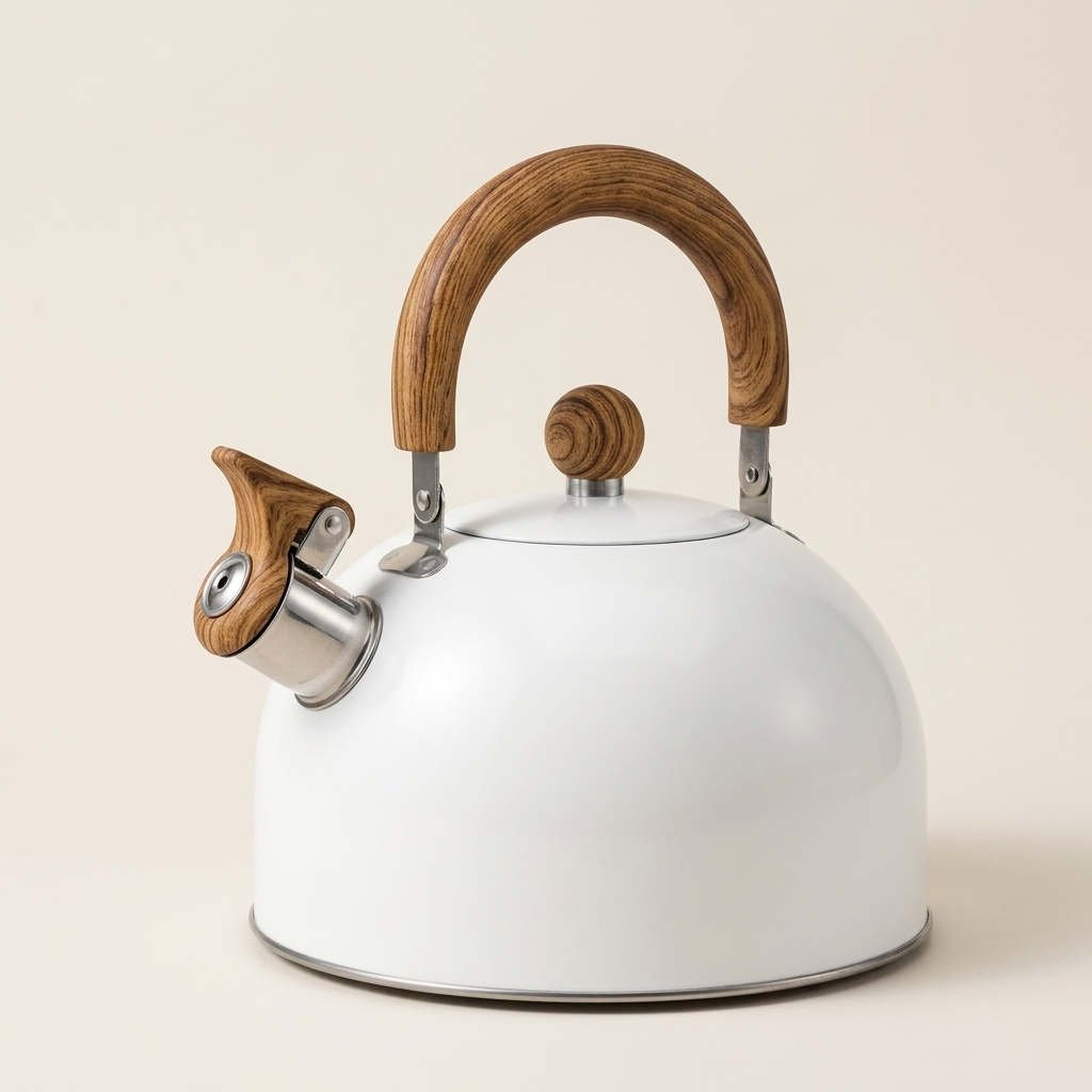 White stainless steel whistling kettle, 3 L, with wood-effect handle and knob