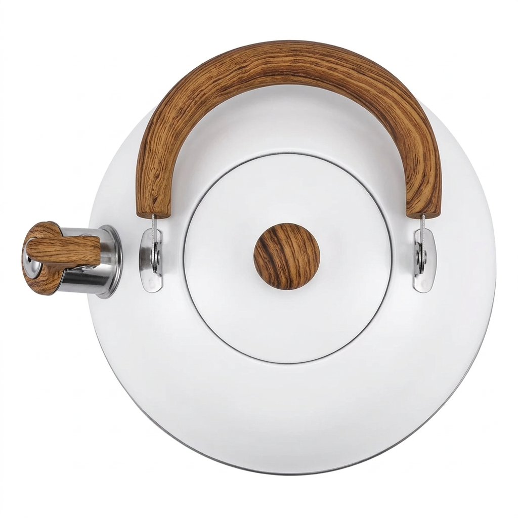 White kettle seen from above, showing the lid and wood-effect knob