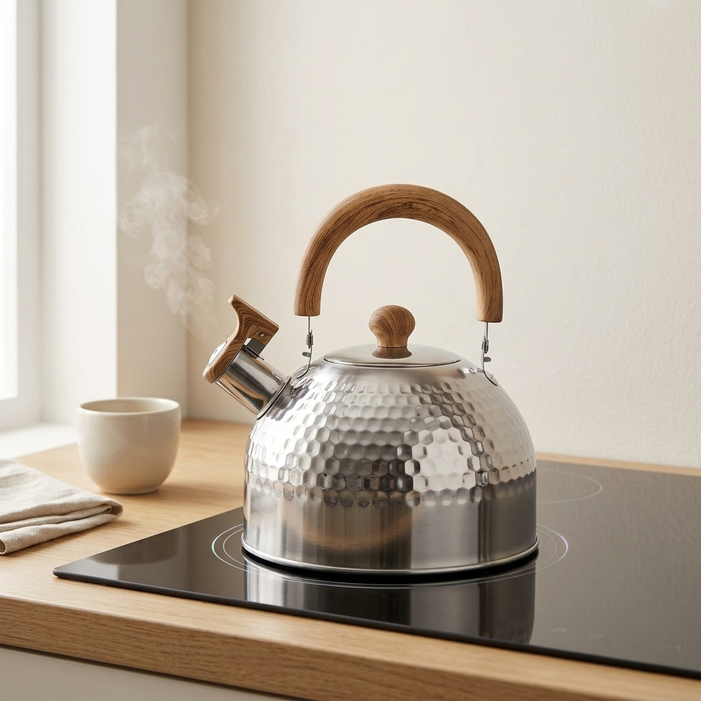 Silver hammered kettle steaming on an induction hob in a sunlit kitchen