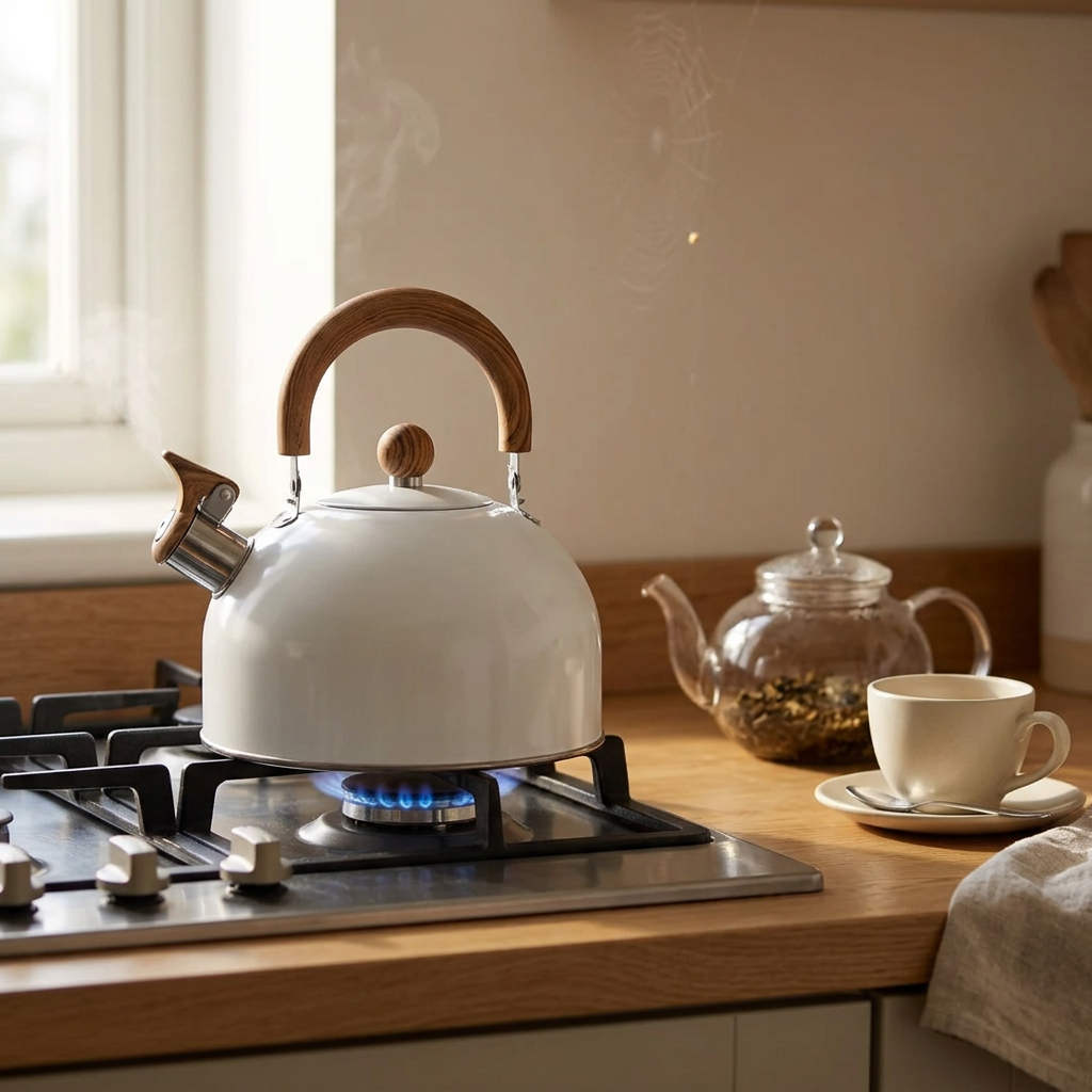 White kettle on a gas hob beside a teapot and cups