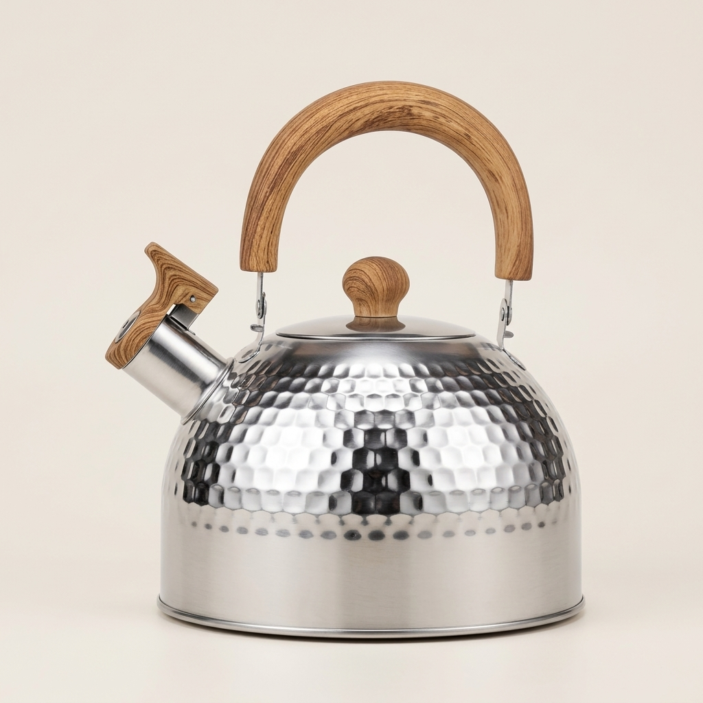 Silver hammered stainless steel whistling kettle, 2 L, with wood-effect handle