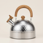 Silver hammered stainless steel whistling kettle, 2 L, with wood-effect handle