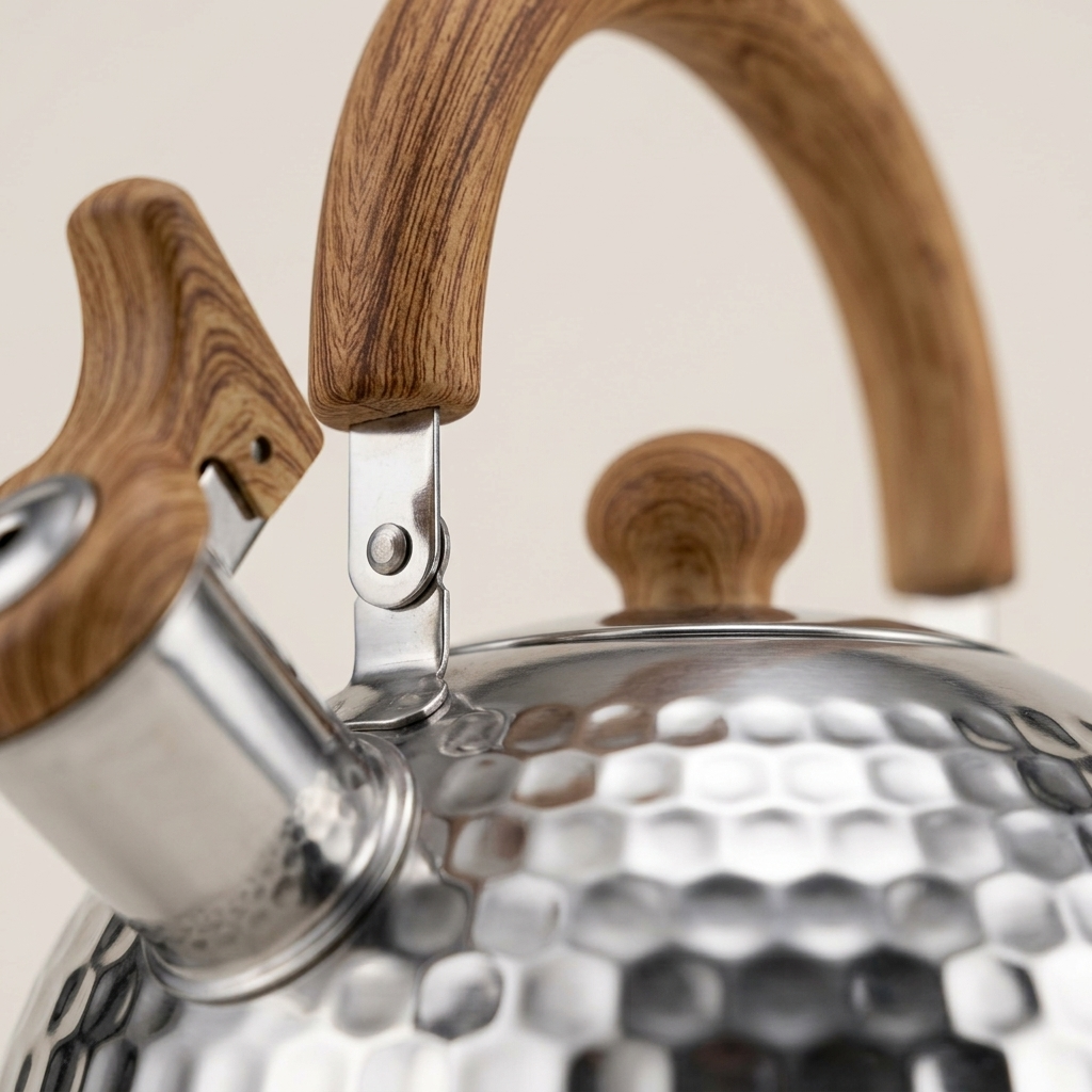 Close-up of the hammered stainless steel finish, whistle spout and wood-effect handle