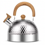 Silver hammered 2 L stovetop kettle seen from the front