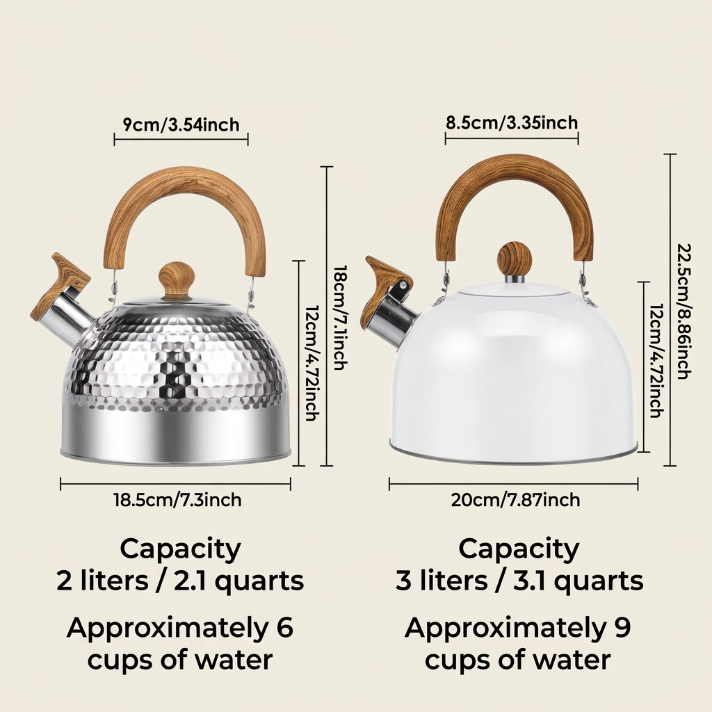 Size guide: 2 L silver kettle and 3 L white kettle with their dimensions