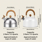 Size guide: 2 L silver kettle and 3 L white kettle with their dimensions