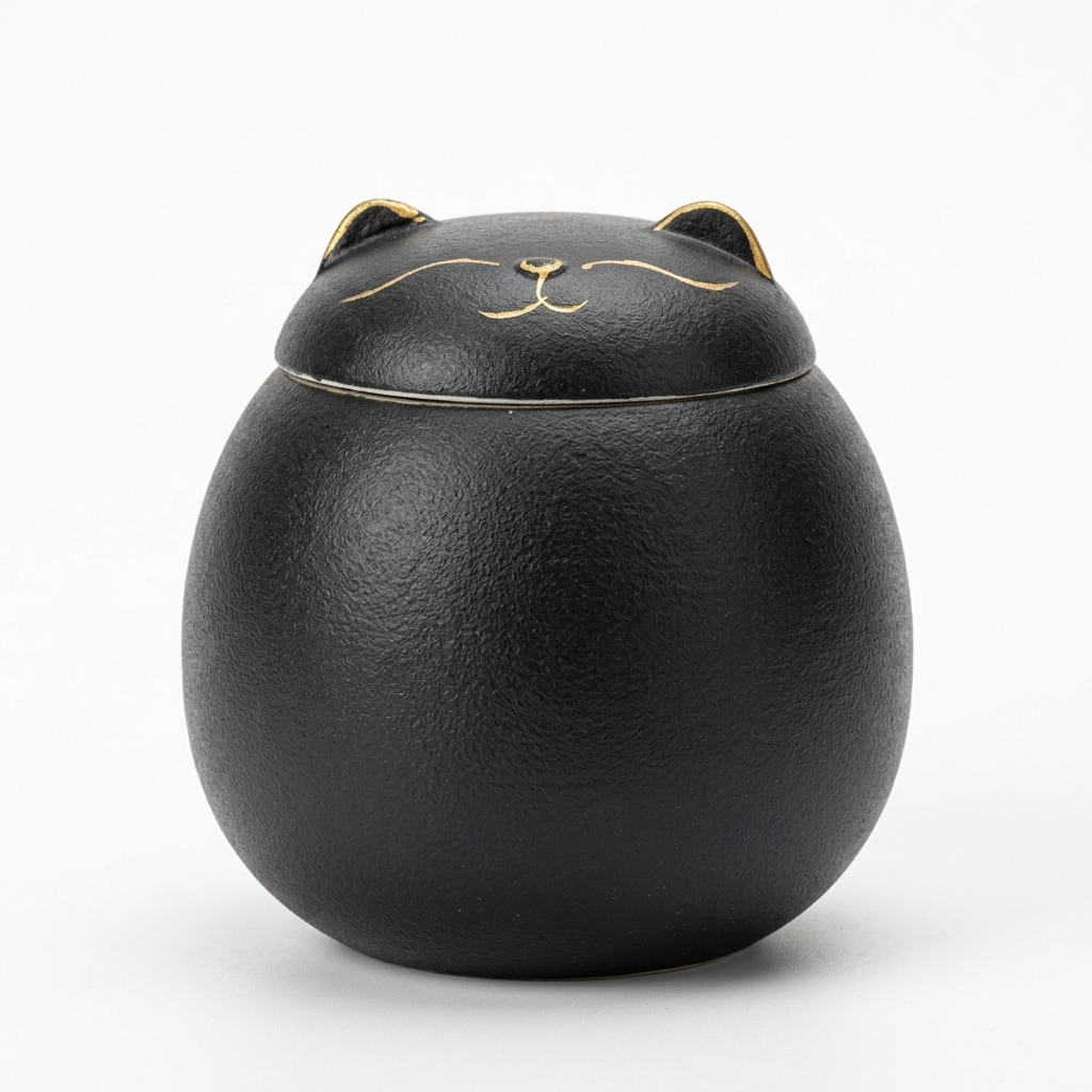 Black ceramic tea caddy with a cat-shaped lid and gold details