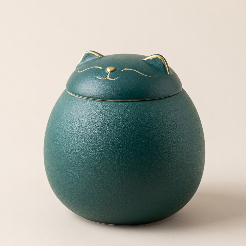 Green ceramic lucky cat tea caddy with gold ears and whiskers