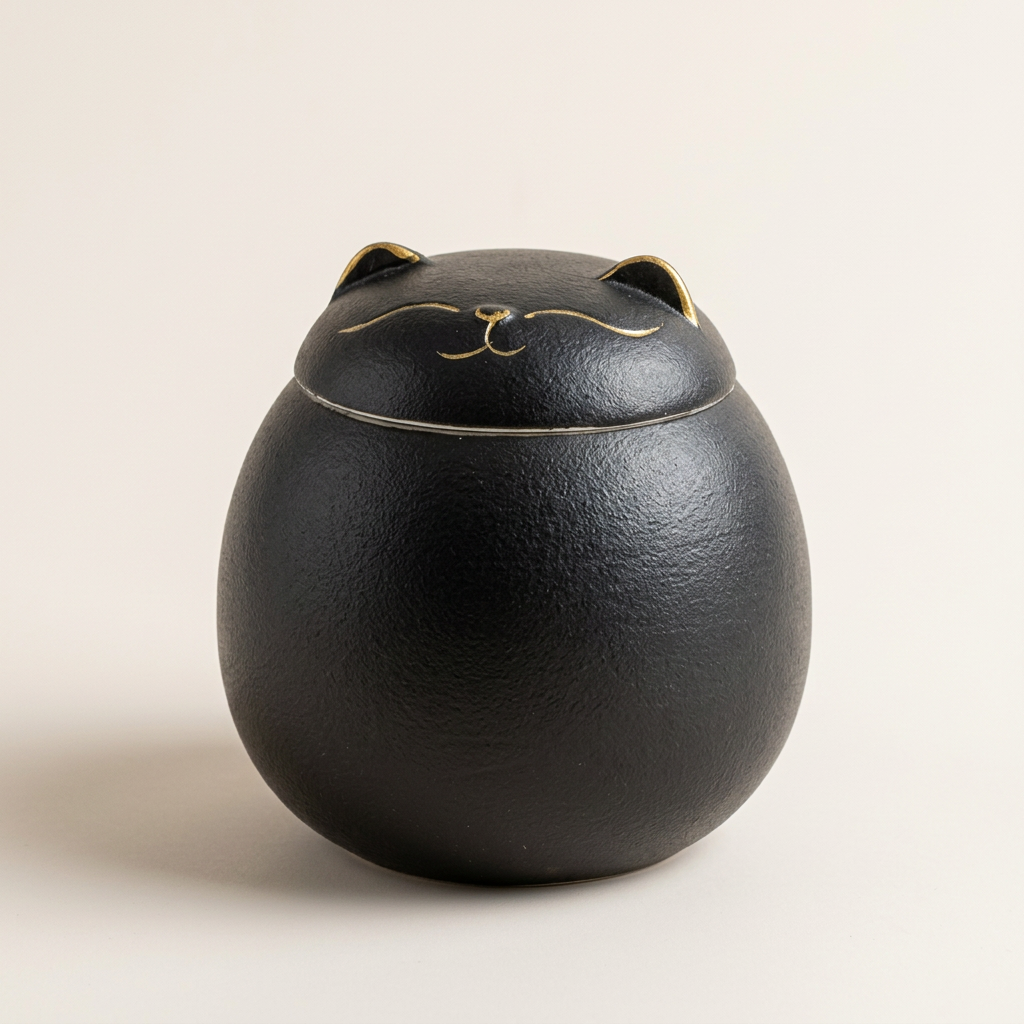 Black lucky cat tea caddy with a matte textured glaze