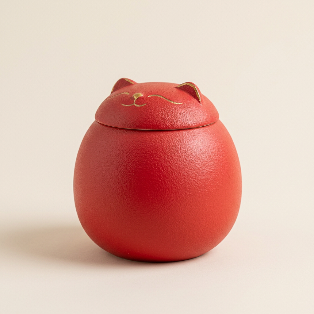 Red ceramic lucky cat tea caddy with gold ears and whiskers