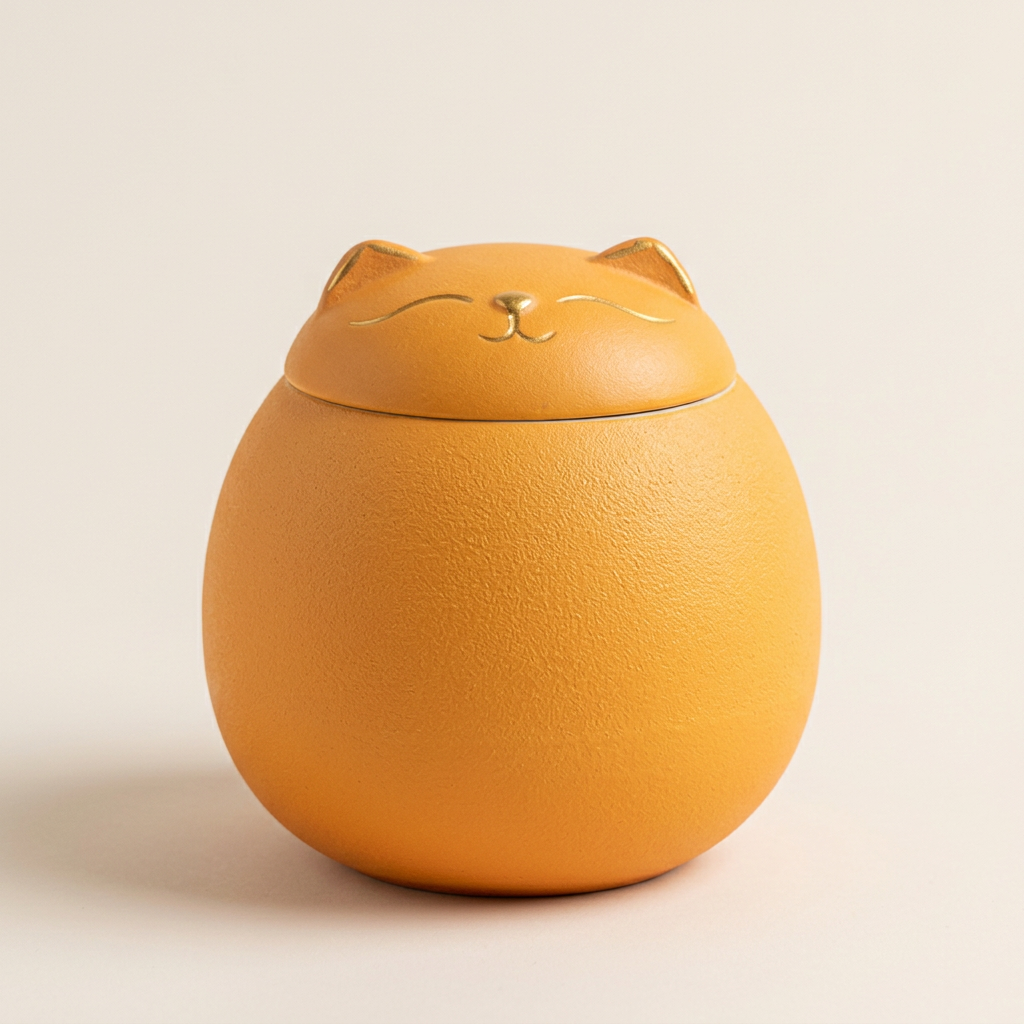 Yellow ceramic lucky cat tea caddy with gold ears and whiskers