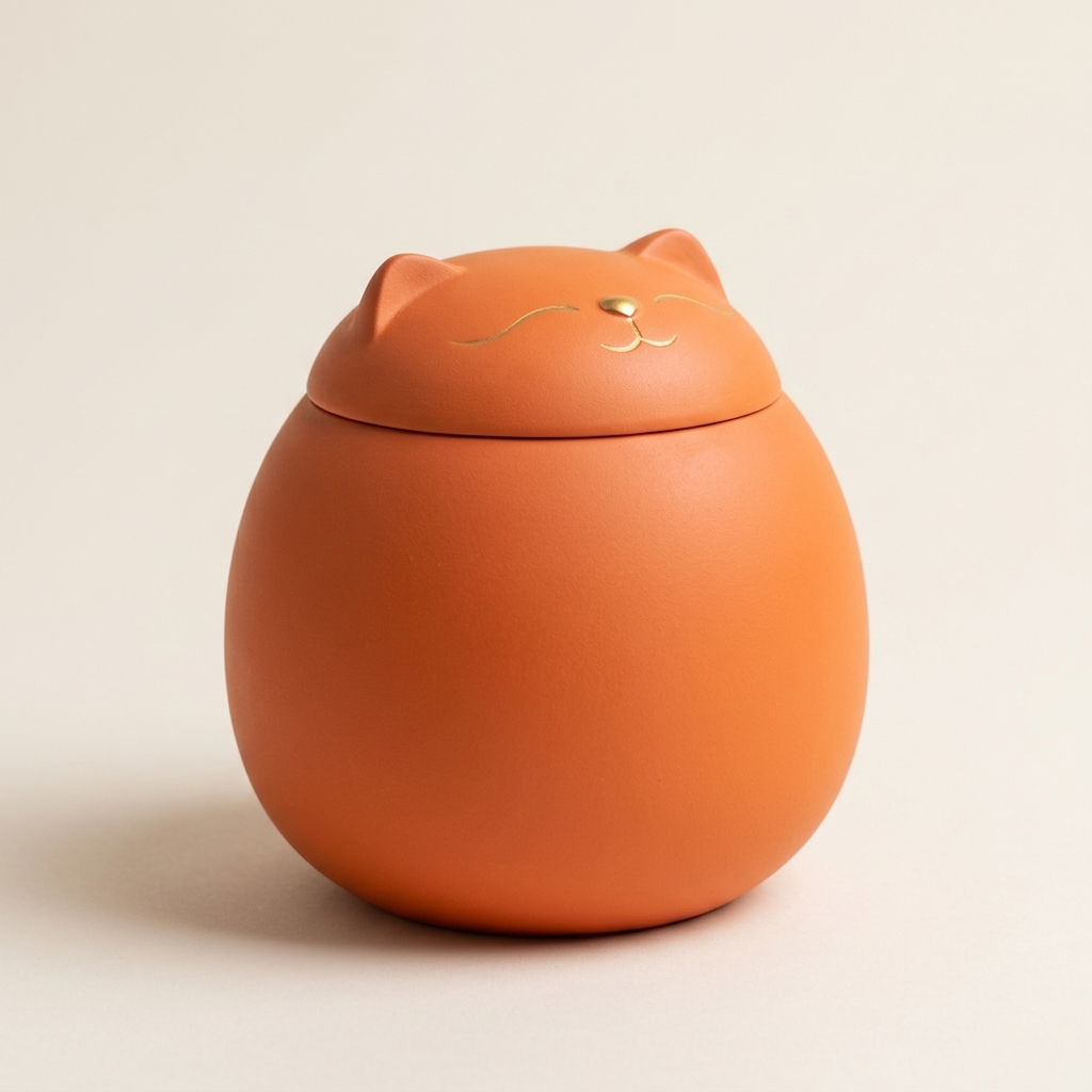 Orange ceramic lucky cat tea caddy with gold ears and whiskers
