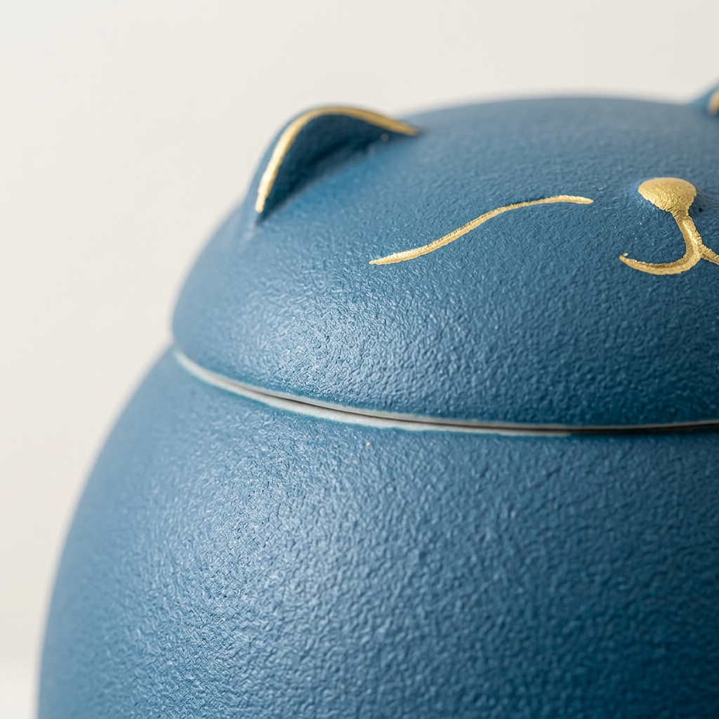 Close-up of the cat face on the lid: closed eyes and gold whiskers on a matte blue glaze