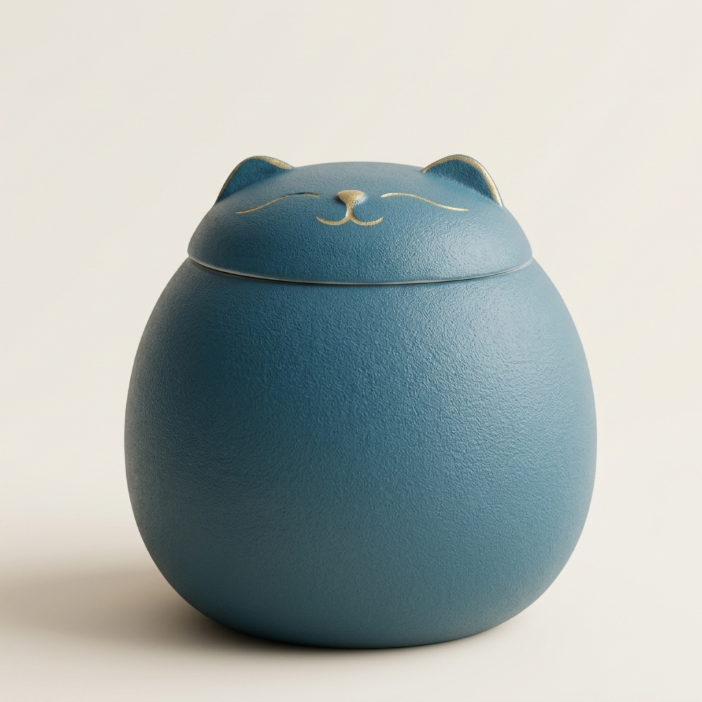 Blue ceramic lucky cat tea caddy with gold ears and whiskers