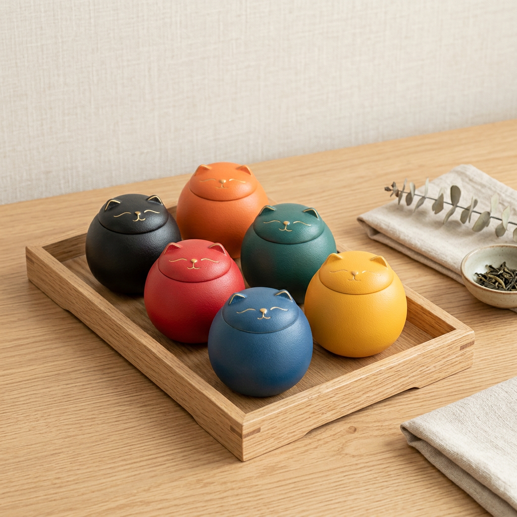 Six lucky cat tea caddies in black, orange, green, red, yellow and blue on a wooden tray