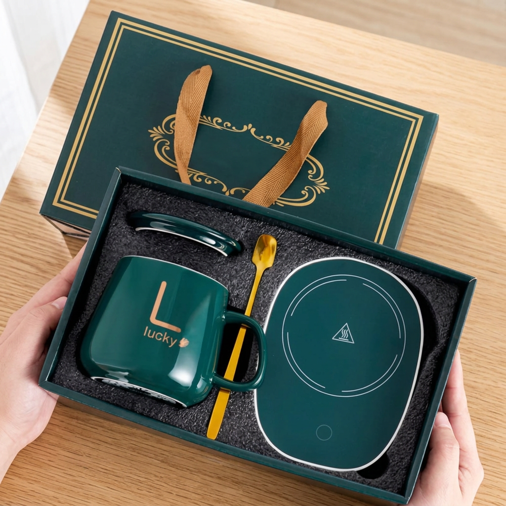 Green mug warmer gift set in its open box: mug with gold details, lid, gold-tone spoon and green warming plate